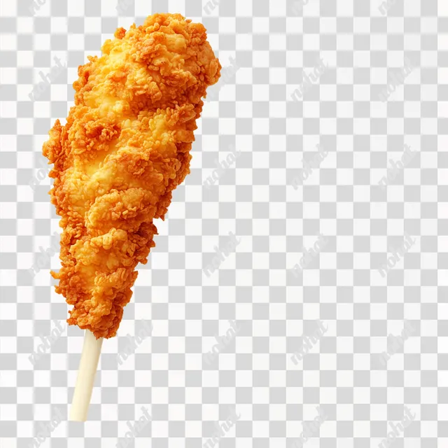 PNG Fried chicken leg skewer with a bite taken, delicious snack treat