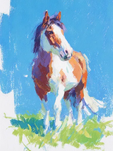 Oil painting stick line sketch illustration: a beautiful brown and white horse blue or grass green background, sketch lines oil crayon strokes   rofile ofa2ibb