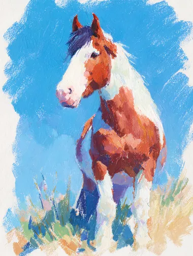 Oil painting stick line sketch illustration: a beautiful brown and white horse blue or grass green background, sketch lines oil crayon strokes   rofile ofa2ibb