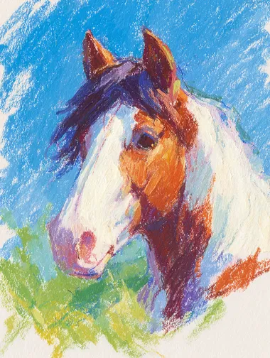 Oil painting stick line sketch illustration: a beautiful brown and white horse blue or grass green background, sketch lines oil crayon strokes   rofile ofa2ibb