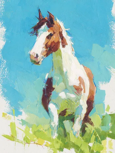 Oil painting stick line sketch illustration: a beautiful brown and white horse blue or grass green background, sketch lines oil crayon strokes   rofile ofa2ibb