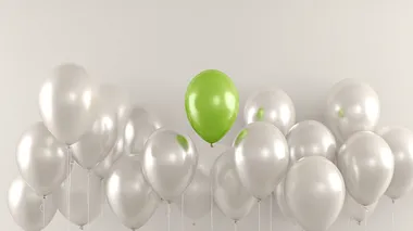 Image of several silver balloons. A single green balloon rises. The balloon is color #008d92. The background is a neutral white background. , birthday card style, vector illustration style