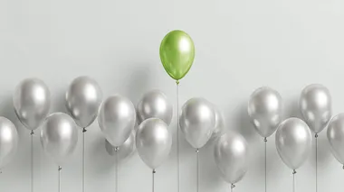 Image of several silver balloons. A single green balloon rises. The balloon is color #008d92. The background is a neutral white background. , birthday card style, vector illustration style