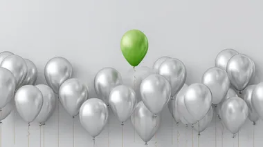 Image of several silver balloons. A single green balloon rises. The balloon is color #008d92. The background is a neutral white background. , birthday card style, vector illustration style