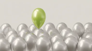 Image of several silver balloons. A single green balloon rises. The balloon is color #008d92. The background is a neutral white background. , birthday card style, vector illustration style