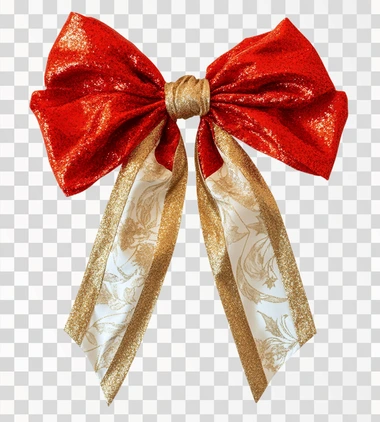 Red and gold bow with shiny fluffy white Christmas colors on white background..