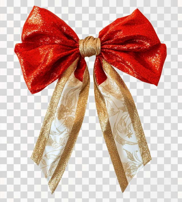 Red and gold bow with shiny fluffy white Christmas colors on