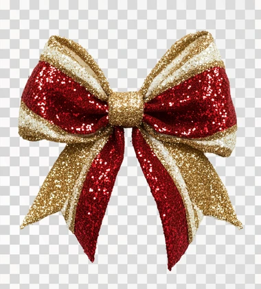 Red and gold bow with shiny fluffy white Christmas colors on white background..