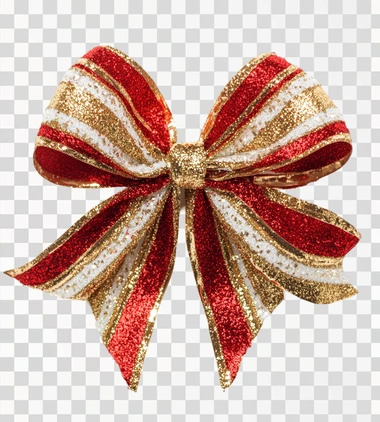 Red and gold bow with shiny fluffy white Christmas colors on white background..