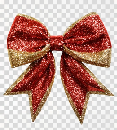 Red and gold bow with shiny fluffy white Christmas colors on white background..