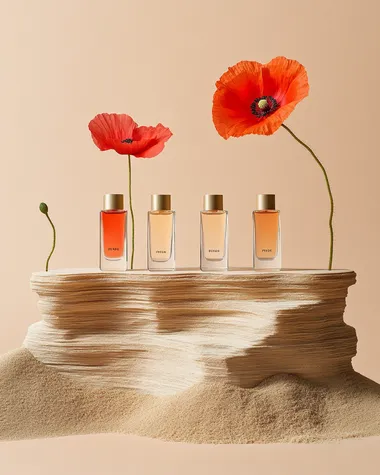 A minimalist product shot for a perfume sample brand with a red and white color palette and gold accents. Four clear small sample bottles sit on an abstract, textured podium made of wood and sand. The scene includes two poppies in front of it, symbolizing beauty and nature. The background is a soft peach color. The overall vibe conveys a sense of elegance and high quality.