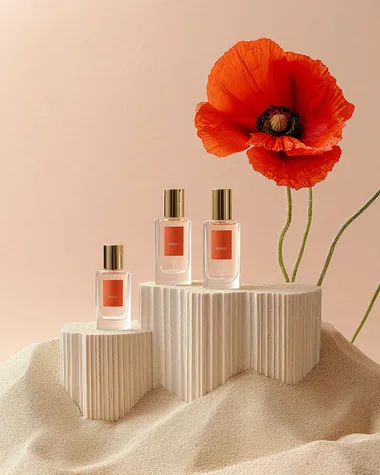 A minimalist product shot for a perfume sample brand with a red and white color palette and gold accents. Four clear small sample bottles sit on an abstract, textured podium made of wood and sand. The scene includes two poppies in front of it, symbolizing beauty and nature. The background is a soft peach color. The overall vibe conveys a sense of elegance and high quality.