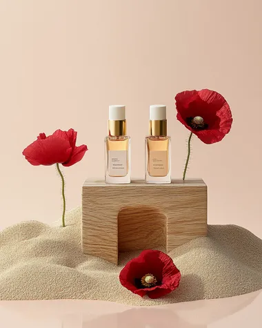 A minimalist product shot for a perfume sample brand with a red and white color palette and gold accents. Four clear small sample bottles sit on an abstract, textured podium made of wood and sand. The scene includes two poppies in front of it, symbolizing beauty and nature. The background is a soft peach color. The overall vibe conveys a sense of elegance and high quality.