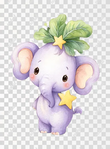 Cute purple baby elephant with big eyes, wearing yellow star-shaped and carrying green leaves on its head, watercolor painting style, simple white background, cartoon character design, cute, warm color tones, full-body portrait, cute version, in the style of children's book illustrations, colorful costumes, simple backgrounds, children's storybook illustration, pastel colors.  --raw rofile ptrsg6m
