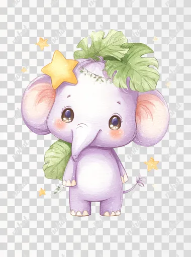 Cute purple baby elephant with big eyes, wearing yellow star-shaped and carrying green leaves on its head, watercolor painting style, simple white background, cartoon character design, cute, warm color tones, full-body portrait, cute version, in the style of children's book illustrations, colorful costumes, simple backgrounds, children's storybook illustration, pastel colors.  --raw rofile ptrsg6m