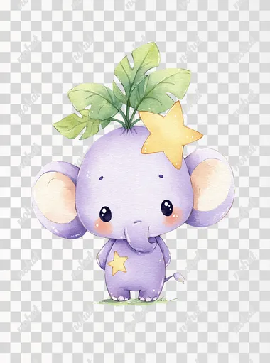 Cute purple baby elephant with big eyes, wearing yellow star-shaped and carrying green leaves on its head, watercolor painting style, simple white background, cartoon character design, cute, warm color tones, full-body portrait, cute version, in the style of children's book illustrations, colorful costumes, simple backgrounds, children's storybook illustration, pastel colors.  --raw rofile ptrsg6m