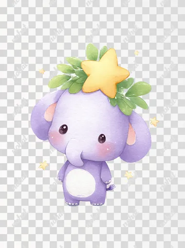 Cute purple baby elephant with big eyes, wearing yellow star-shaped and carrying green leaves on its head, watercolor painting style, simple white background, cartoon character design, cute, warm color tones, full-body portrait, cute version, in the style of children's book illustrations, colorful costumes, simple backgrounds, children's storybook illustration, pastel colors.  --raw rofile ptrsg6m
