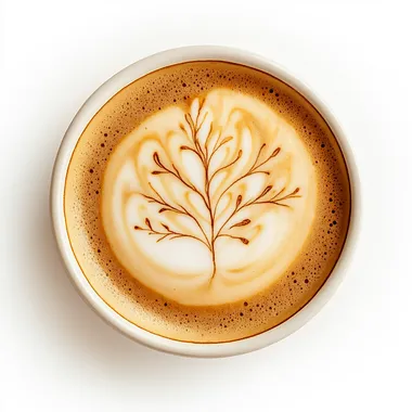 Top-down view, photorealistic image of a cappuccino cup with intricate latte art. The milk foam depicts a delicate summer tree with slender branches and small leaves, symbolizing the warmth and abundance of August. The tree design flows naturally into the frothy foam, blending seamlessly with the coffee beneath. The cup is set on a minimalist white background, illuminated by soft, warm light to create a calming and inviting atmosphere.