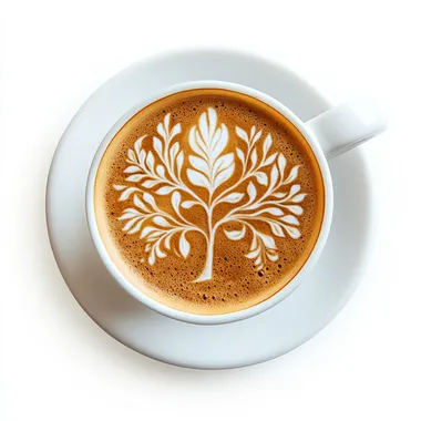 Top-down view, photorealistic image of a cappuccino cup with intricate latte art. The milk foam depicts a delicate summer tree with slender branches and small leaves, symbolizing the warmth and abundance of August. The tree design flows naturally into the frothy foam, blending seamlessly with the coffee beneath. The cup is set on a minimalist white background, illuminated by soft, warm light to create a calming and inviting atmosphere.
