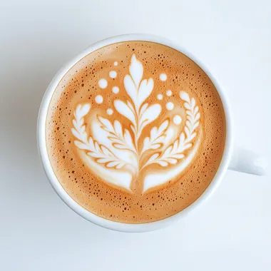 Top-down view, photorealistic image of a cappuccino cup with intricate latte art. The milk foam depicts a delicate summer tree with slender branches and small leaves, symbolizing the warmth and abundance of August. The tree design flows naturally into the frothy foam, blending seamlessly with the coffee beneath. The cup is set on a minimalist white background, illuminated by soft, warm light to create a calming and inviting atmosphere.