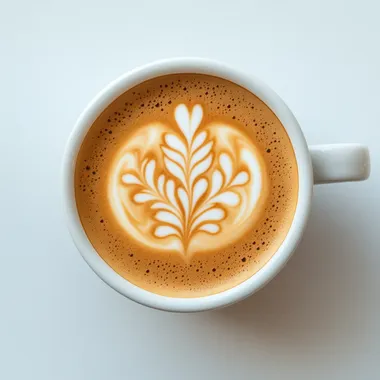 Top-down view, photorealistic image of a cappuccino cup with intricate latte art. The milk foam depicts a delicate summer tree with slender branches and small leaves, symbolizing the warmth and abundance of August. The tree design flows naturally into the frothy foam, blending seamlessly with the coffee beneath. The cup is set on a minimalist white background, illuminated by soft, warm light to create a calming and inviting atmosphere.