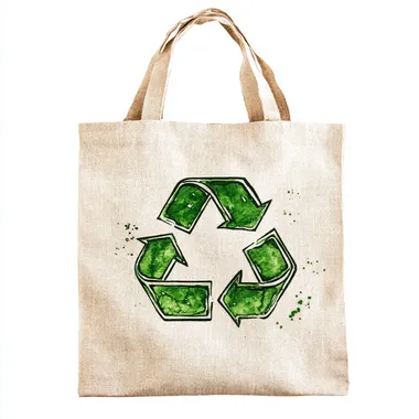 watercolour pencil drawing, cream colour tote bag with a green colour recycle logo, realistic drawing in white background