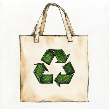 watercolour pencil drawing, cream colour tote bag with a green colour recycle logo, realistic drawing in white background