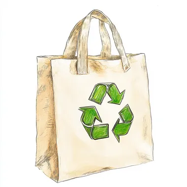 watercolour pencil drawing, cream colour tote bag with a green colour recycle logo, realistic drawing in white background