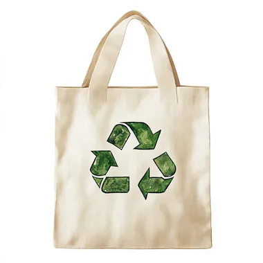 watercolour pencil drawing, cream colour tote bag with a green colour recycle logo, realistic drawing in white background
