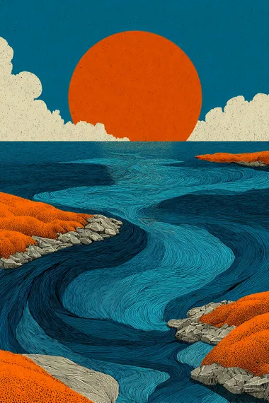 A blue and white striped poster with an orange sun in the center, a vertical line flowing upwards from it, creating a visual illusion of waves. The background is simple and clean, featuring a pattern that adds depth to the composition. This design evokes a sense of calmness and harmony through its geometric elements and color palette. It would be suitable for artistic or creative use as a print on paper or other media.  --s 750