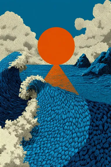 A blue and white striped poster with an orange sun in the center, a vertical line flowing upwards from it, creating a visual illusion of waves. The background is simple and clean, featuring a pattern that adds depth to the composition. This design evokes a sense of calmness and harmony through its geometric elements and color palette. It would be suitable for artistic or creative use as a print on paper or other media.  --s 750