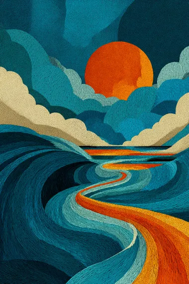 A blue and white striped poster with an orange sun in the center, a vertical line flowing upwards from it, creating a visual illusion of waves. The background is simple and clean, featuring a pattern that adds depth to the composition. This design evokes a sense of calmness and harmony through its geometric elements and color palette. It would be suitable for artistic or creative use as a print on paper or other media.  --s 750