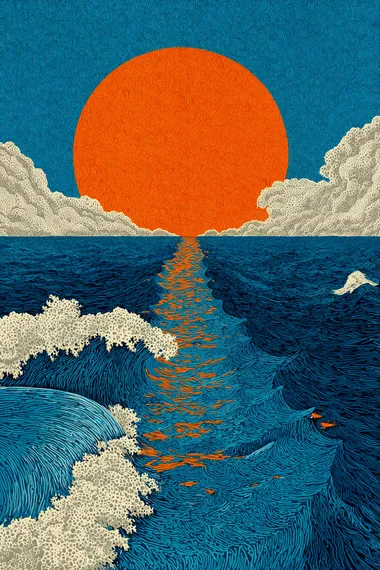 A blue and white striped poster with an orange sun in the center, a vertical line flowing upwards from it, creating a visual illusion of waves. The background is simple and clean, featuring a pattern that adds depth to the composition. This design evokes a sense of calmness and harmony through its geometric elements and color palette. It would be suitable for artistic or creative use as a print on paper or other media.  --s 750
