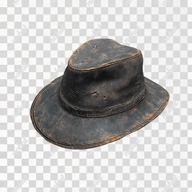 postapocalyptic dark gray gus hat in 3D perspective, item icon for computer game on white background, photorealistic
