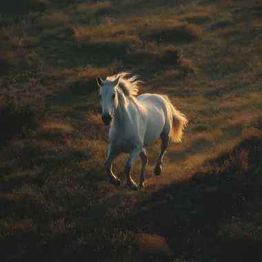 epic photography, Majestic white horse, running in fields, birds eye view shot, hyper realistic , sony a9 iii, dawn light  --raw