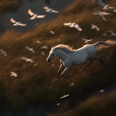 epic photography, Majestic white horse, running in fields, birds eye view shot, hyper realistic , sony a9 iii, dawn light  --raw