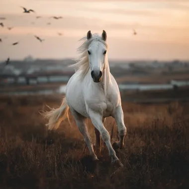 epic photography, Majestic white horse, running in fields, birds eye view shot, hyper realistic , sony a9 iii, dawn light  --raw