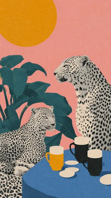 Vintage postal stamp of a GROUP OF LEOPARDS DRINKING A COFFEE AT A CAFE, SUNNY DAY, IN THE STYLE OF MATISSE, 8k, full-hd, hyper detailed, pastel background  rofile eqrc3ct