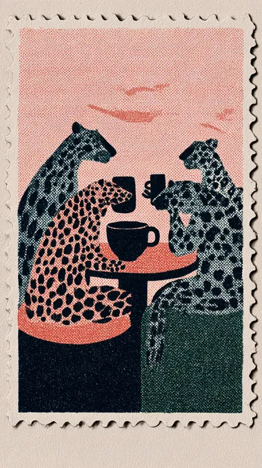 Vintage postal stamp of a GROUP OF LEOPARDS DRINKING A COFFEE AT A CAFE, SUNNY DAY, IN THE STYLE OF MATISSE, 8k, full-hd, hyper detailed, pastel background  rofile eqrc3ct