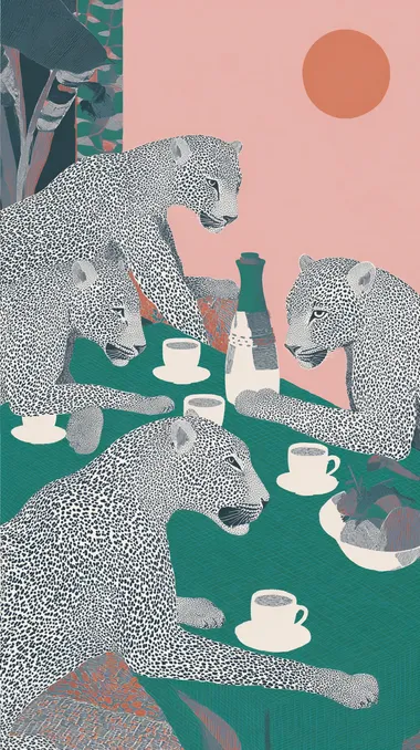 Vintage postal stamp of a GROUP OF LEOPARDS DRINKING A COFFEE AT A CAFE, SUNNY DAY, IN THE STYLE OF MATISSE, 8k, full-hd, hyper detailed, pastel background  rofile eqrc3ct