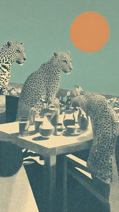 Vintage postal stamp of a GROUP OF LEOPARDS DRINKING A COFFEE AT A CAFE, SUNNY DAY, IN THE STYLE OF MATISSE, 8k, full-hd, hyper detailed, pastel background  rofile eqrc3ct