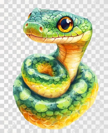 cartoon snake on white background, drawing, painted with brush and paints