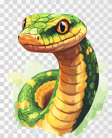 cartoon snake on white background, drawing, painted with brush and paints