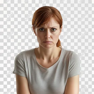 A worried 35-year-old woman. UHD. Realistic. White background.