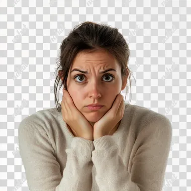 A worried 35-year-old woman. UHD. Realistic. White background.