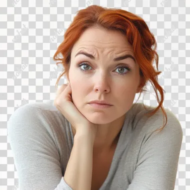 A worried 35-year-old woman. UHD. Realistic. White background.
