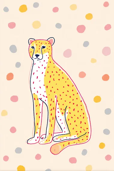A simple and colorful illustration of a cheetah. The illustration has an editorial style with a naive charm, featuring pastel hues, simple line drawings, and a childlike innocence. The hand-drawn details and watercolor-like style add to the overall aesthetic. The background is coloured in polka dots.  rofile 57crkj6