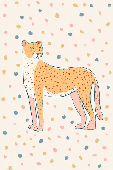 A simple and colorful illustration of a cheetah. The illustration has an editorial style with a naive charm, featuring pastel hues, simple line drawings, and a childlike innocence. The hand-drawn details and watercolor-like style add to the overall aesthetic. The background is coloured in polka dots.  rofile 57crkj6