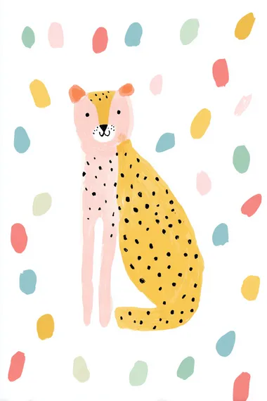 A simple and colorful illustration of a cheetah. The illustration has an editorial style with a naive charm, featuring pastel hues, simple line drawings, and a childlike innocence. The hand-drawn details and watercolor-like style add to the overall aesthetic. The background is coloured in polka dots.  rofile 57crkj6