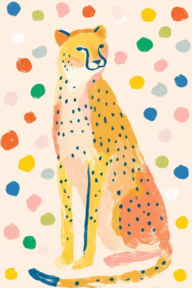 A simple and colorful illustration of a cheetah. The illustration has an editorial style with a naive charm, featuring pastel hues, simple line drawings, and a childlike innocence. The hand-drawn details and watercolor-like style add to the overall aesthetic. The background is coloured in polka dots.  rofile 57crkj6
